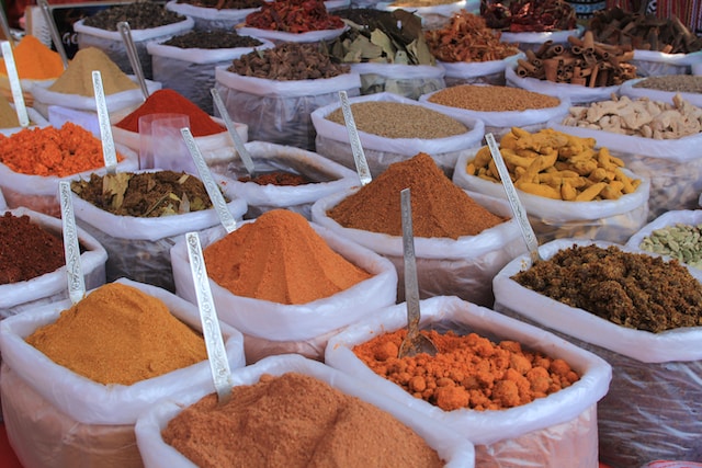 A variety of spices sold at a marketplace