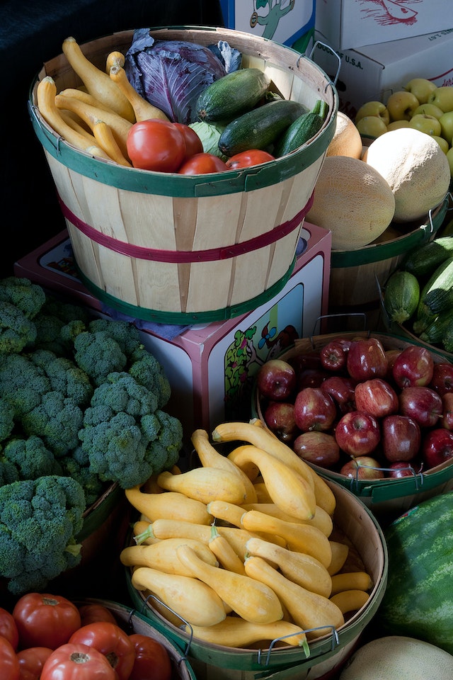 Assorted vegetables in wooden crates