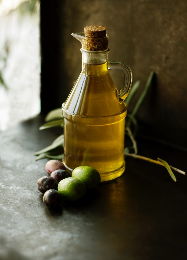 Olive oil in a clear glass container
