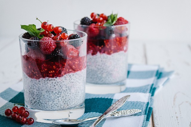 Chia pudding topped with assorted berries