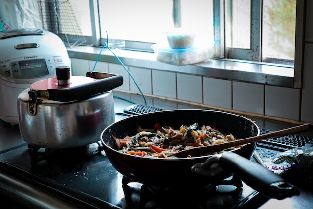 Dish cooking in a frying pan